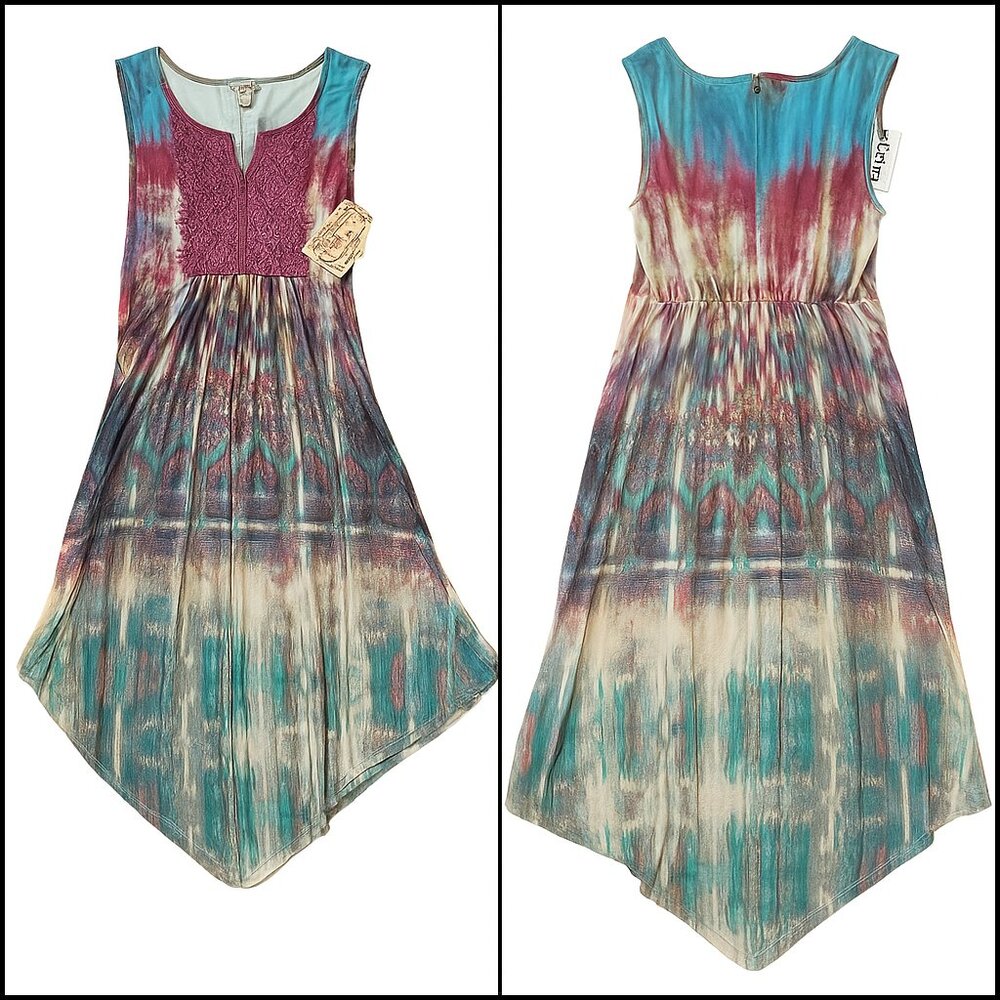 One World Boho Dress M NWT – Sleeveless Sublimation slinky Handkerchief Hem